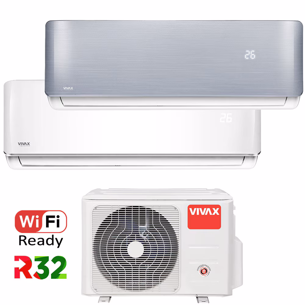 Aer conditionat Multisplit Vivax R-Design ACP-18COFM50AERI / ACP-09CH25AERI + ACP-12CH35AERI SILVER, R32, Inverter, Clasa A++, I Feel, Auto Restart, Autodiagnoza, Autocuratare, Sleep Mode, 24 timer