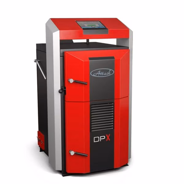 Cazan pe lemne cu gazeificare ATTACK DPX, 25 kW, volum manta apa 100 litri, grosime camera ardere 6 mm, randament 91%, lungime maxima bustean 55 cm, cos evacuare Ø150 mm