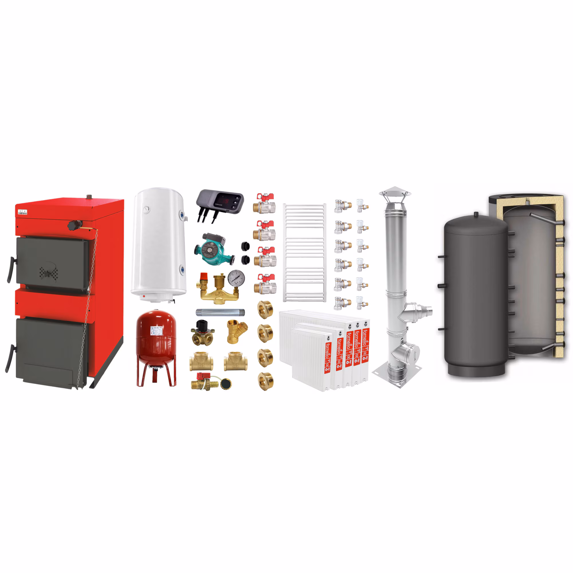 Set Centrala termică pe combustibil solid Burnit Sunsystem NWB 45 kW, puffer 1000 litri, calorifere și cos inox