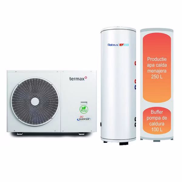 Pachet pompa de caldura Termax, 14 kW, monobloc, aer-apă, cu Wi-Fi și boiler stativ 2 in 1