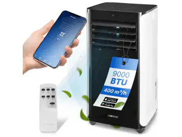 Aparat de aer conditionat portabil Clatronic, CL 3716, 9000 BTU, Wi-Fi, control vocal Amazon Alexa/Google Assistant, aer rece/dezumidificare/ventilatie, consum redus, clasa A, timer 24h, Sleep Mode, panou cu control touch, filtre detasabile, negru