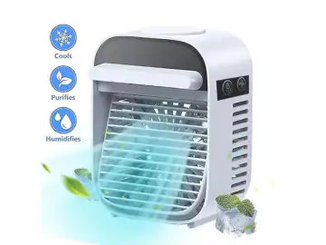 Mini aer conditionat, portabil, cu vapori de apa, putere 7, 5 W, capacitate rezervor apa 180 ml, cu jocuri de lumina, alb