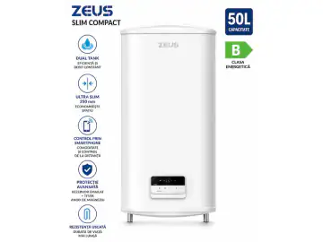 Boiler electric ZEUS Slim Compact 50L, 2000W, Dual Tank, Ultra Slim 250 mm, Control prin Smartphone, Montaj Vertical/Orizontal