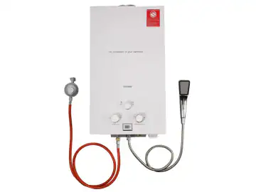 Boiler apa calda pe gaz, Instant fara rezervor 16L, GPL propan, Apa fierbinte imediata, Carcasa inox, Cu dus si reductor presiune gaz, Alb