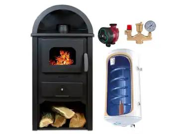Pachet Termosemineu pe lemn Termax Faurar, 11.52 kW, randament 85.59%, 75 m², Negru, Grup siguranta, Pompa recirculare si Boiler termoelectric Tesy 80 litri