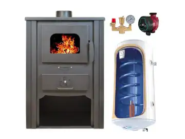Pachet Termosemineu pe lemn Termax Decebal, 11.52 kW, randament 85.59%, 75 m², Maro, Grup siguranta, Pompa recirculare si Boiler termoelectric Tesy 80 litri