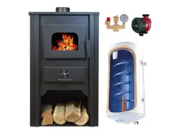 Pachet Termosemineu pe lemn Termax Alma, 11.52 kW, randament 85.59%, 75 m², Bordo, Grup siguranta, Pompa recirculare si Boiler termoelectric Tesy 80 litri