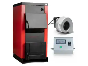 Pachet Centrala/Cazan pe lemn Termax 70 kW, cu ardere standard, volum manta apa 175 litri, cu sistem de automatizare si ventilator pentru tiraj fortat/controlat