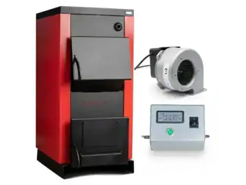 Pachet Centrala/Cazan pe lemn Termax 90 kW, cu ardere standard, volum manta apa 195 litri, cu sistem de automatizare si ventilator pentru tiraj fortat/controlat