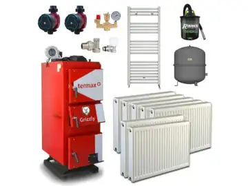 Pachet centrala/Cazan pe lemn/carbune Termax Grizzly 27 kW cu ventilator si automatizare, 180 m², Ø cos fum 180 mm, volum manta apa 105 litri, grosime focar 6 mm, randament 86%, Calorifere, Pompe de recirculare, Grup de siguranta