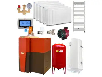 Pachet centrala mixta lemn/pelet Termax Tera 28 kW, 185 mp, buncar peleti 95 kg, volum manta apa 75 litri, diametru cos Ø120 mm, Termostat ambiental KOPH CT99, Pompa recirculare, Boiler termoelectric 100 litri, Grup siguranta, Calorifere si Robineti