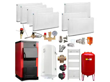Pachet Centrala/Cazan pe lemn Termax 30 kW, cu ardere standard, volum manta apa 90 litri, Calorifere, Boiler termoelectric, Pompe recirculare, Grup siguranta