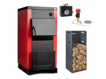 Pachet centrala/cazan pe lemn Termax cu ardere normala, putere 40 kW, volum manta apa 120 litri, regulator de tiraj, grup de siguranta, cutie depozitare lemn