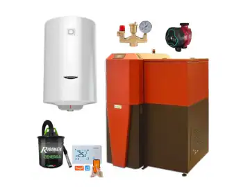 Pachet centrala mixta lemn/pelet Termax Tera 28 kW, 185 mp, buncar peleti 95 kg, volum manta apa 75 litri, diametru cos Ø120 mm, Termostat inteligent KOPH I302, Pompa recirculare, Boiler termoelectric Ariston 100 litri, Grup siguranta, Aspirator cenusa