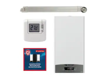 Pachet centrala termica pe gaz in condensare, Ariston Clas One 24 kW, murala, Wi-Fi, kit de evacuare, termostat Honeywell DT92 si cupon garantie extinsa 2 ani (total 5 ani) incluse