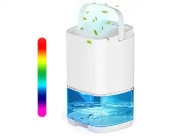 Dezumidificator pentru casa, Portabil si silentios, Rezervor 1000ml, Doua moduri de lucru si 7 lumini LED colorate, cu Functie de Uscare si Purificare a Aerului, pentru dormitor, subsol, baie, OUYLAF, Alb