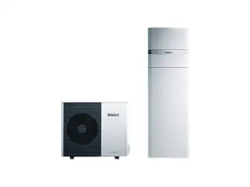 Pachet pompa de caldura aer apa 12 kW aroTHERM split 125/5 AS (A-7/W35), 400V pentru 1 circuit incalzire/racire si ACM + Unitate interioara uniTower cu boiler 188 litri incorporat VWL 128/5 IS 230/400V