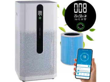 Purificator de aer inteligent VarioShop®, HEPA H12, ionizare, WiFi Smart Life, CADR 370 m³/h, ultra-silențios 21 dB, consum 35 W, pentru alergici, copii și animale, până la 80 m²