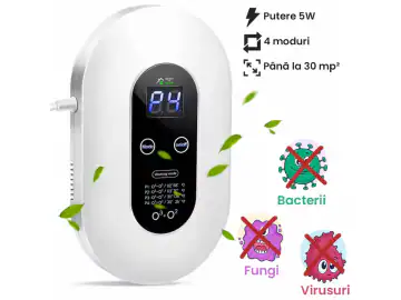 Purificator de aer cu ozon, GlowforHome, 5W,130mg/h, pentru suprafete de pana la 30 mp, Concentratie de Ioni Negativi 1000000/cm³, 4 moduri functionare, LCD, mini generator de ozon purificator de aer, 5 milioane de ioni negativi, alimentare 220V, alb