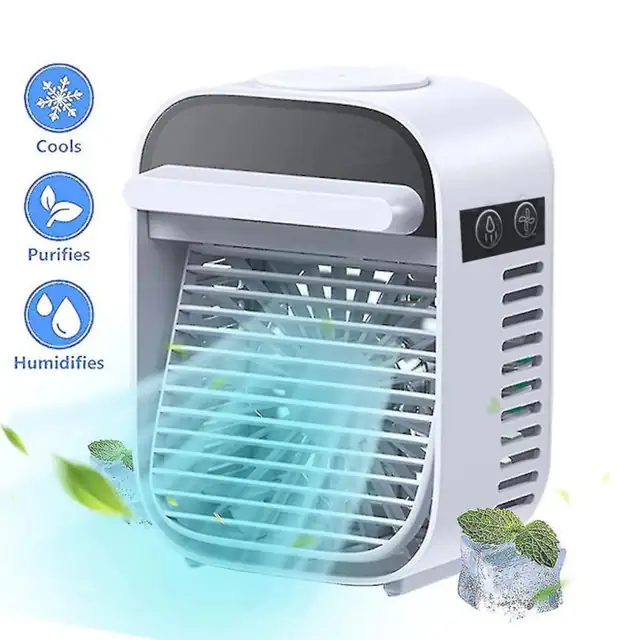 Mini aer conditionat, portabil, cu vapori de apa, putere 7, 5 W, capacitate rezervor apa 180 ml, cu jocuri de lumina, alb