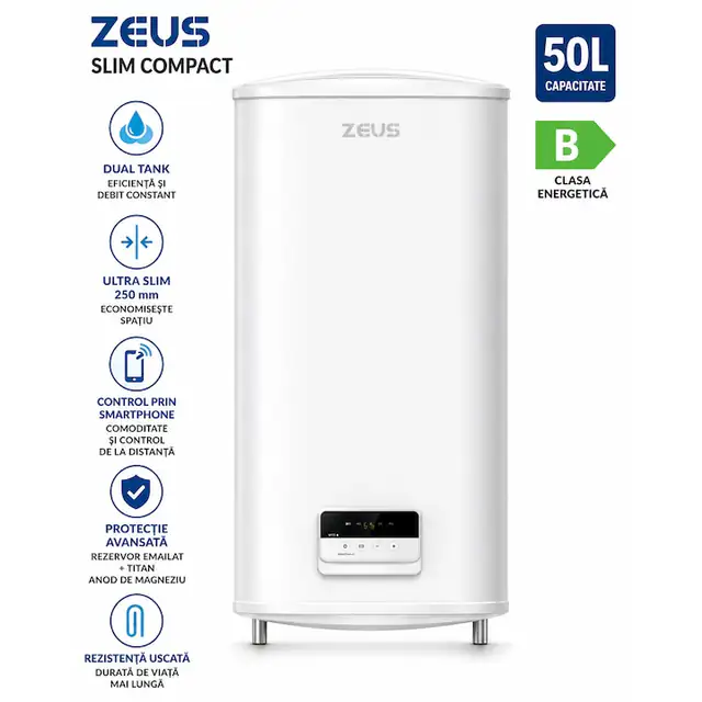 Boiler electric ZEUS Slim Compact 50L, 2000W, Dual Tank, Ultra Slim 250 mm, Control prin Smartphone, Montaj Vertical/Orizontal