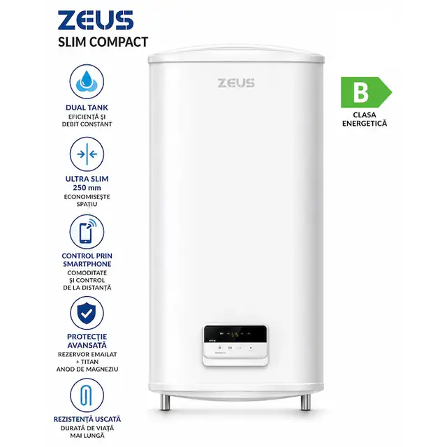 Boiler electric ZEUS Slim Compact 80L, 2000W, Dual Tank, Ultra Slim, Control prin Smartphone, Montaj Vertical/Orizontal
