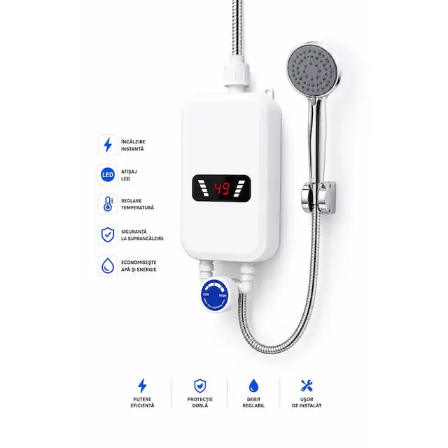 Mini Boiler Electric Cu Incalzire Instant, Pentru Baie, Autorulota, Para Dus, Alimentare Priza, Portabil, Usor De Montat, Afisaj Digital, Temperatura Apa Reglabila, 3500W, IPX4, Alb/Argintiu