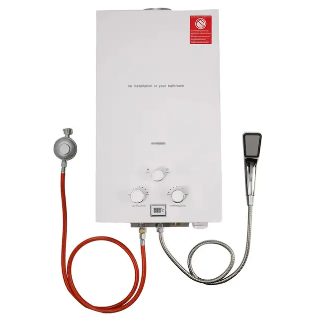 Boiler apa calda pe gaz, Instant fara rezervor 16L, GPL propan, Apa fierbinte imediata, Carcasa inox, Cu dus si reductor presiune gaz, Alb