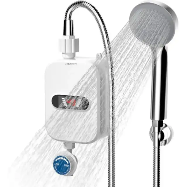 Mini Boiler Electric GREATON Cu Incalzire Instant, RX-021, Pentru Baie, Autorulota, Para Dus, Alimentare Priza, Portabil, Usor De Montat, Afisaj Digital, Temperatura Apa Reglabila, 3500W, IPX4, Alb/Argintiu