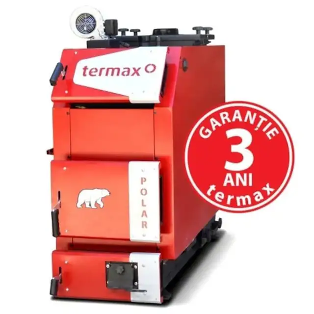 Centrala/Cazan pe lemn/carbune Termax Polar 40 kW cu ventilator si automatizare, 250 m², Ø cos fum 220 mm, volum manta apa 140 litri, grosime focar 6 mm, randament 86%, 1400 x 1480 x 640 mm