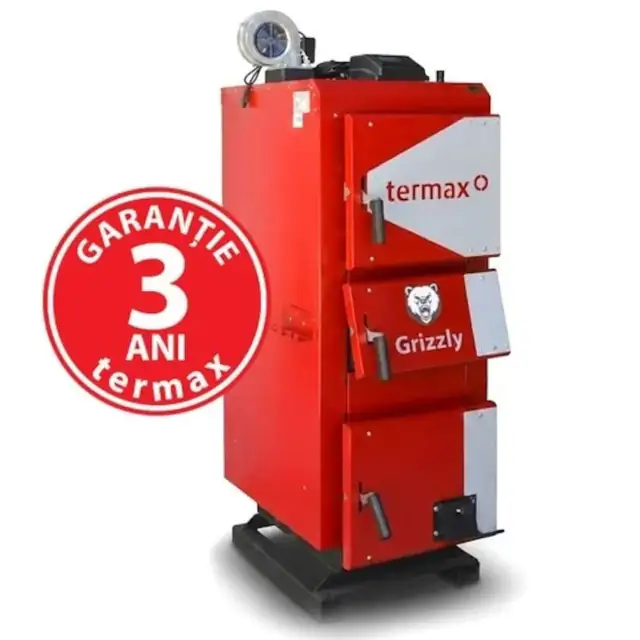 Centrala/Cazan pe lemn/carbune Termax Grizzly 40 kW cu ventilator si automatizare, 250 m², Ø cos fum 220 mm, volum manta apa 135 litri, grosime focar 6 mm, randament 86%, 1780 x 1200 x 560 mm