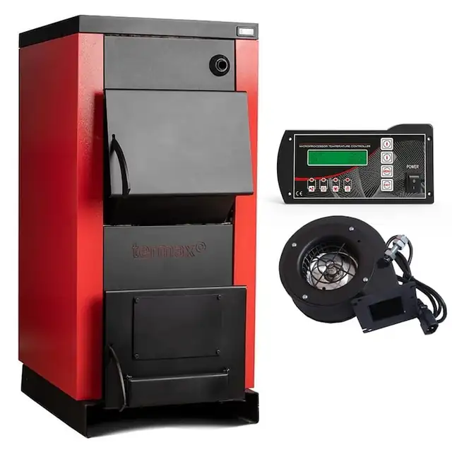 Pachet Centrala/Cazan pe lemn Termax 25 kW, cu ardere standard, volum manta apa 75 litri, Ventilator si Automatizare