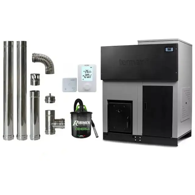 Pachet economic, Centrala cu peleti Termax ECO GRI 35 kW, 220 mp, buncar peleti 130 kg, volum apa 95 litri, diametru cos fum ⌀80 mm + Termostat ambiental KOPH 303RF + Aspirator cenusa 1000W + Cos fum inox de interior ⌀80 mm