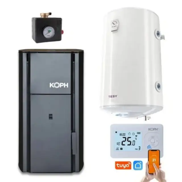 Pachet centrala pe peleti KOPH PM 25 kW, 160 mp, termostat inteligent KOPH i302, grup de siguranta si boiler termoelectric 100 litri