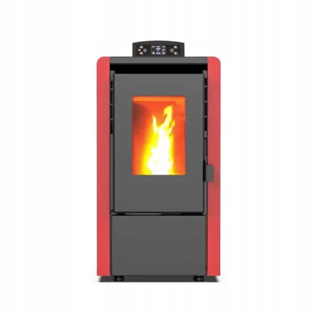 Semineu pe peleti Thunder Leyla-Red 6.3 KW, Capacitate de stocare de 16 kg, soba recomandat pentru 65 mp, Clasa de eficienta energetica: A+, Rosu