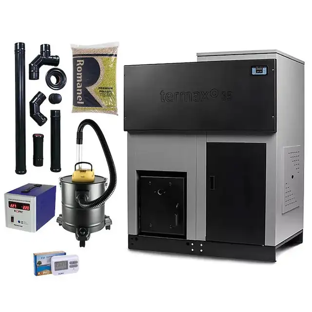 Pachet centrala cu peleti Termax ECO GRI 35 kW, 220 mp, buncar peleti 130 kg, diametru cos fum ⌀80 mm, volum apa 95 litri