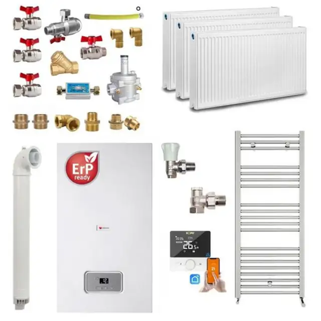 Centrala termică pe gaz în condensare, Saunier Duval Semia 25-A, 19,1 kW, pentru apartament cu 2 camere, termostat inteligent, calorifere