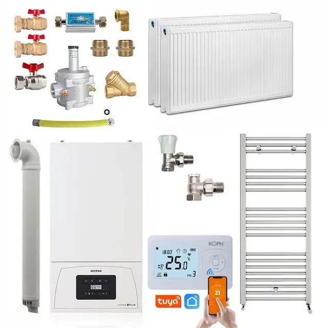 Pachet centrala termica pe gaz in condensare apartament cu 1 camera, Motan Condens KPlus C38GC20V1, 20 kW, Calorifere, Termostat Wireless, Set robineti tur/retur, Kit evacuare inclus si Kit complet armaturi montaj