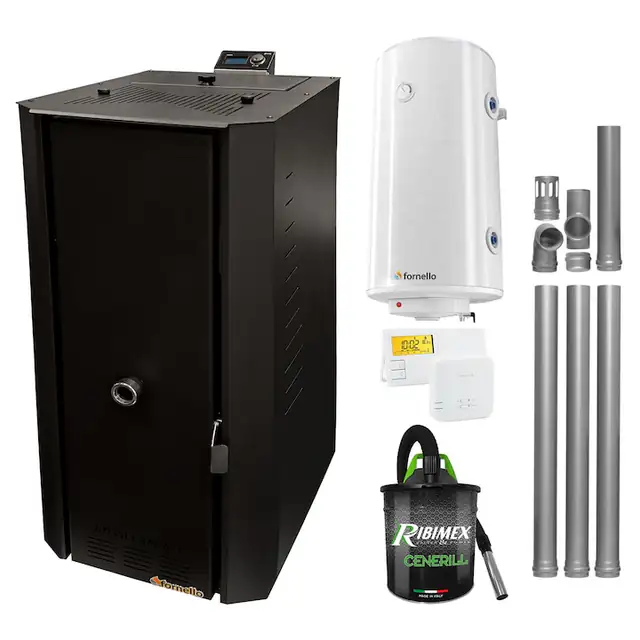 Pachet Centrala termica pe peleti Fornello Rossi B Black 25 kW, Boiler Termoelectric 100 l, Termostat Salus 091FLRFV2, Aspirator cenusa 1000 W, Kit evacuare 3.5 m