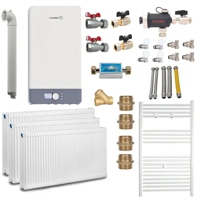 Pachet centrala termică pe gaz Fondital Antea Next KC 26 kW, calorifere, termostat inteligent, set robineți, kit evacuare