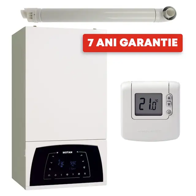 Centrala termica Motan Condens Plus 100 29 kW, C38GC29V1, in condensare, 7 ani garantie, schimbator principal inox, termostat wireless Honeywell DT92 kit de evacuare RTM inclus