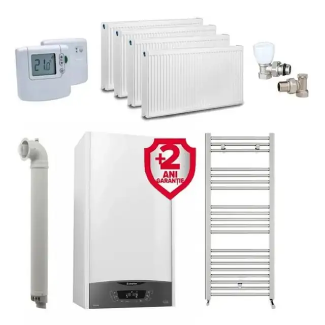 Pachet centrala Ariston Clas One WIFI 24 kW, incalzire si ACM, Kit evacuare inclus + Termostat ambient fara fir Honeywell DT92A + 2 ani extragarantie, Calorifere, Set robineti tur/retur