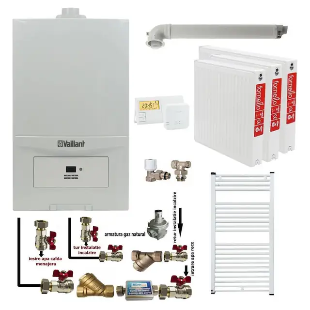 Pachet apartament cu 2 camere, Centrala termica in condensatie Vaillant ecoTEC Pure VUW 236/7-2, 23 kw, murala, afisaj digital, schimbator caldura inox, kit de evacuare, calorifere otel, termostat si fitinguri montaj