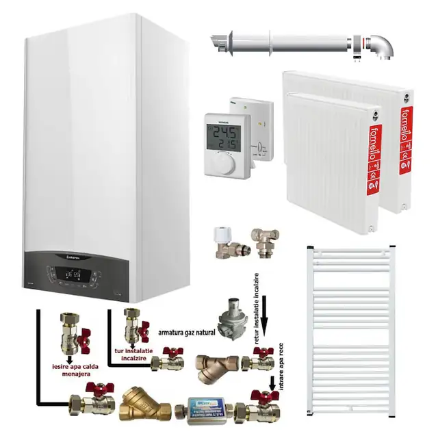 Pachet apartament cu o camera, centrala termica murala in condensare Ariston CLAS ONE+ WI-FI 24, Gaz, 24 kW, termostat, kit de evacuare inclus, calorifere otel, kit armaturi