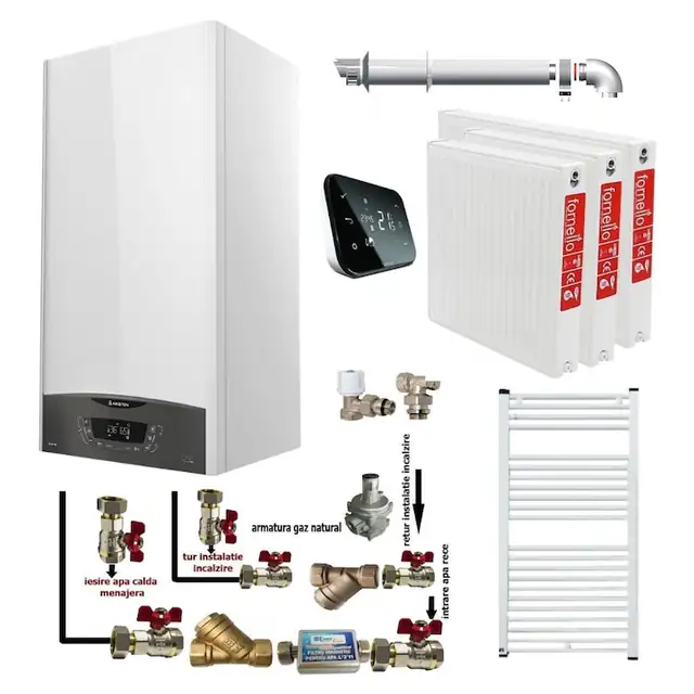 Pachet apartament cu 2 camere, centrala termica murala in condensare Ariston CLAS ONE+ WI-FI 24, Gaz, 24 kW, Termostat Salus IT 500, kit de evacuare inclus, calorifere otel, kit armaturi