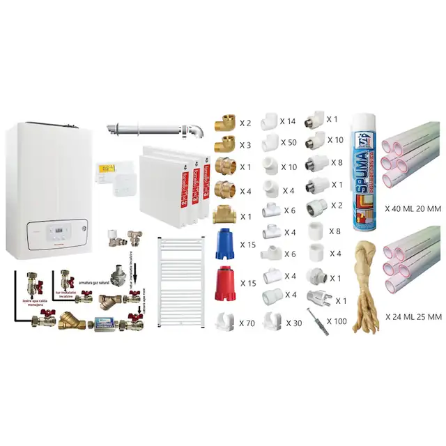 Pachet apartament cu 2 camere, centrala termica murala in condensare Immergas Victrix TERA 24/28 V2, Gaz, 24 kW, termostat, kit de evacuare inclus, calorifere otel, teava PPR si fitinguri, kit armaturi