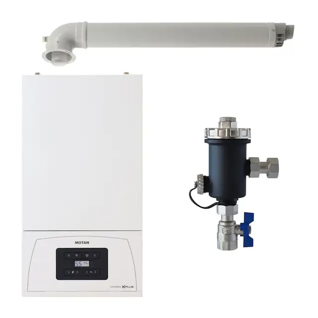 Pachet centrala pe gaz MOTAN Condens KPlus 22.5 kW, in condensare, Clasa A, C38GC20V1, filtru antimagnetita 3/4" si kit de evacuare RTM inclus