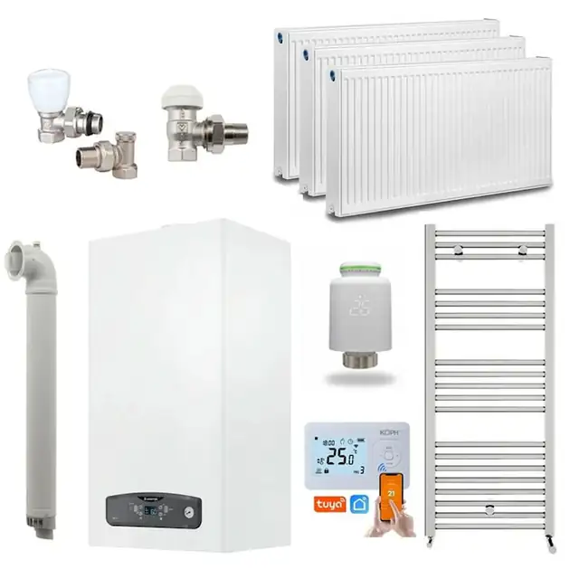 Pachet Economie si Eficienta - Centrala termica pe gaz/GPL in condensare Ariston Cares S 24 kW, schimbator otel inox, incalzire si ACM, Kit evacuare inclus, calorifere, robineti tur/retur, cap termostatic Wi-Fi si termostat inteligent KOPH I302
