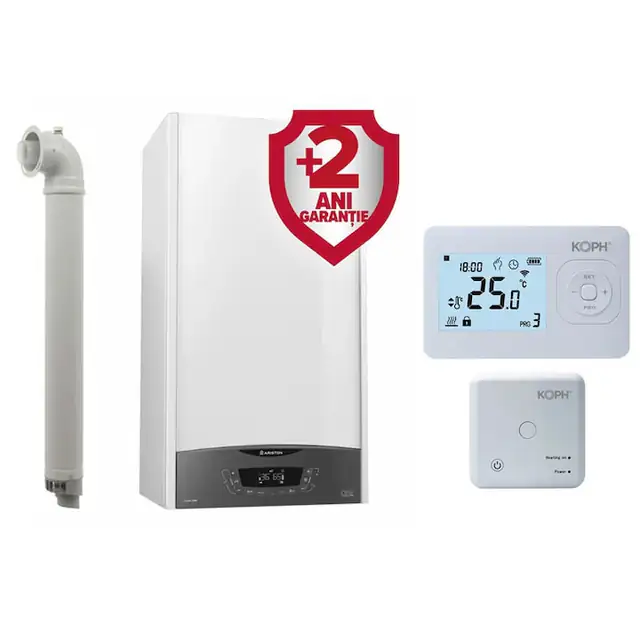 Pachet centrala termica pe gaz/GPL in condensare Ariston Clas One WIFI 35 kW, incalzire si ACM, Kit evacuare inclus + Extragarantie 2 ani si Termostat inteligent KOPH i302, WIFI, Control prin internet, Tuya Smart/Smart Life