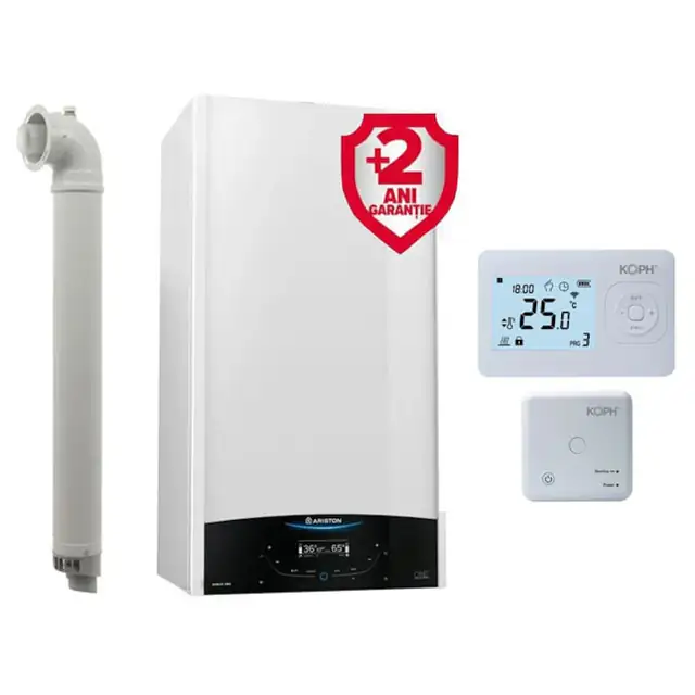 Pachet centrala termica Ariston Genus One+ 24 kW, condensare, ecran LCD tactil, extragarantie 2 ani, meniu romana + Extragarantie 2 ani si Termostat inteligent KOPH i302, WIFI, Control prin internet, Tuya Smart/Smart Life
